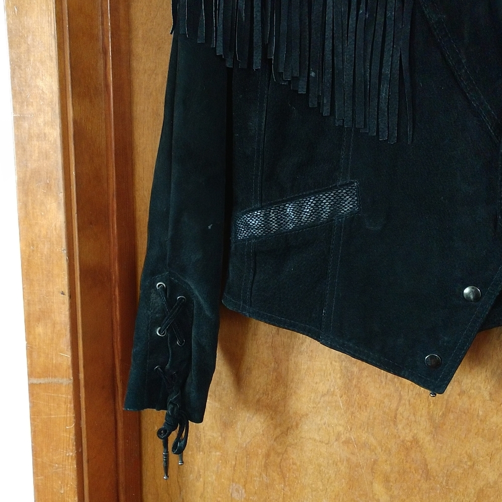 1980's Stoner Rocker Biker Fringe Black Leather Suede Jacket - Picture 7 of 11